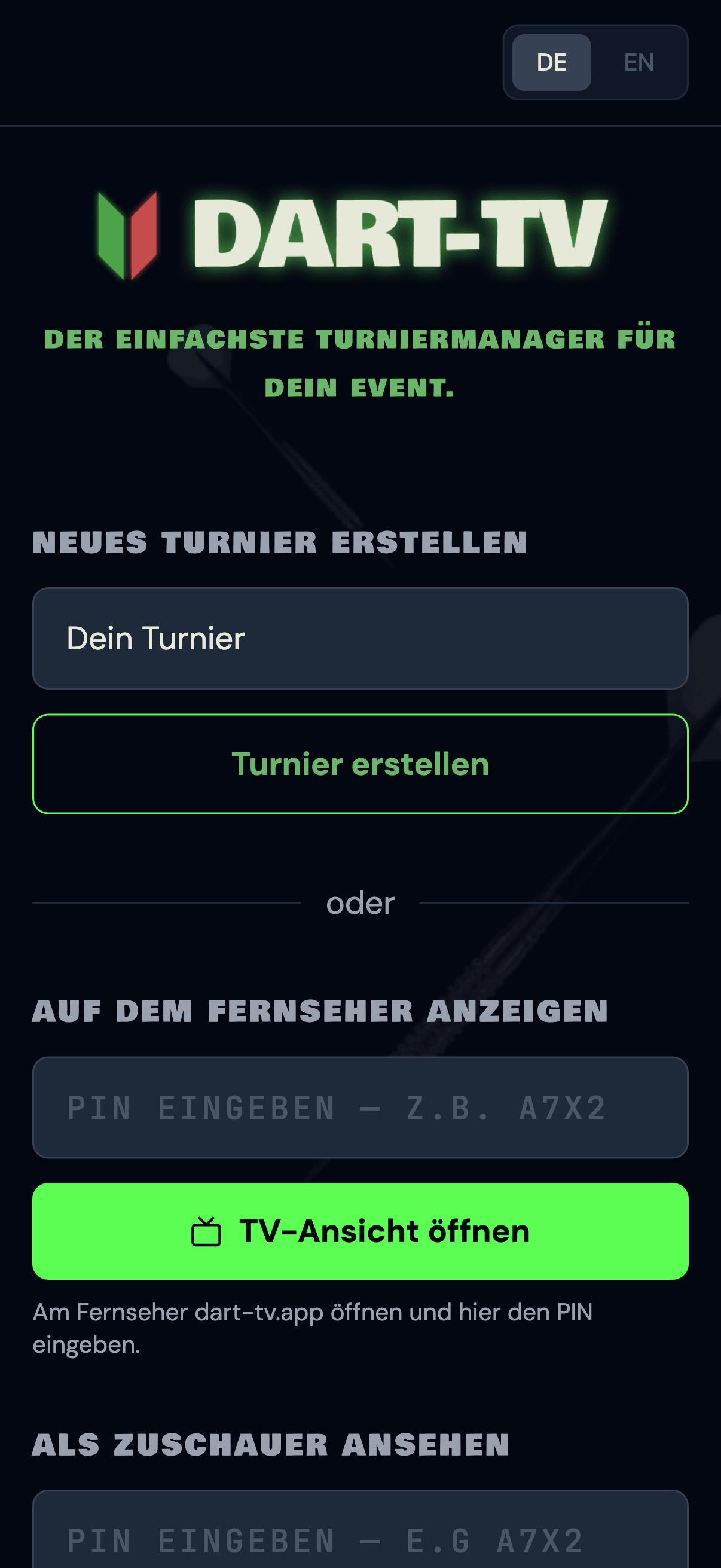 Turnier erstellen — Name eingeben und auf "Turnier erstellen" tippen